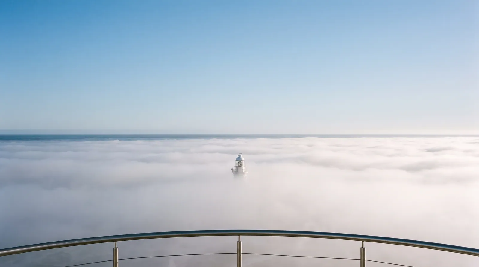 The view from the roof deck: a sea of fog below a clear sky, a lighthouse rising out of it