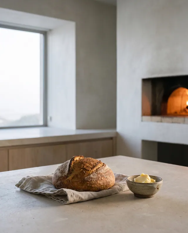 Bread on a limestone counter by the wood oven