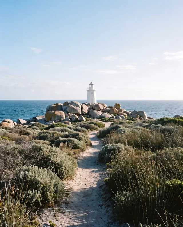 A sandy path through fynbos to a white lighthouse on granite