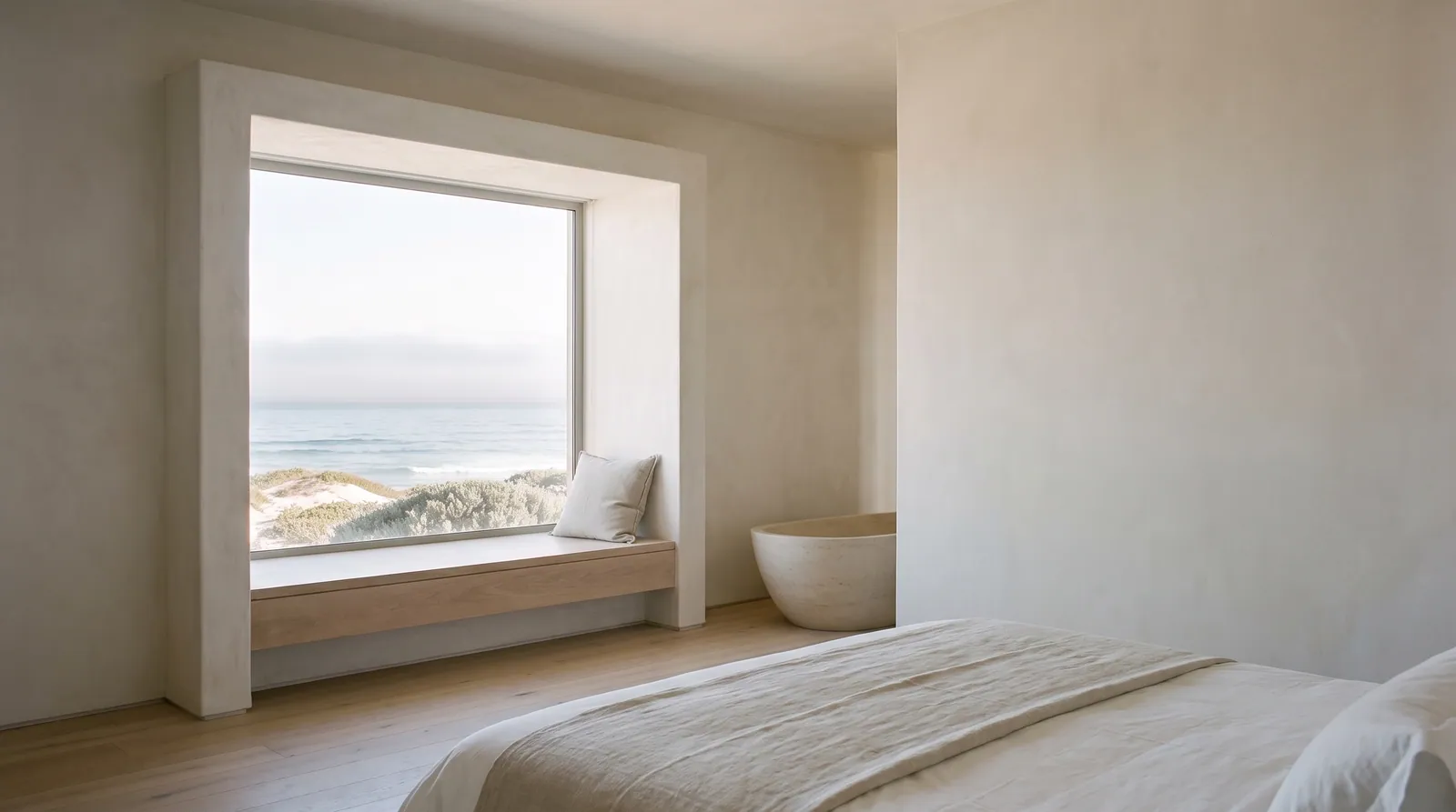 A plaster room with a deep window seat looking over the dune to the Atlantic, a stone bath beside it